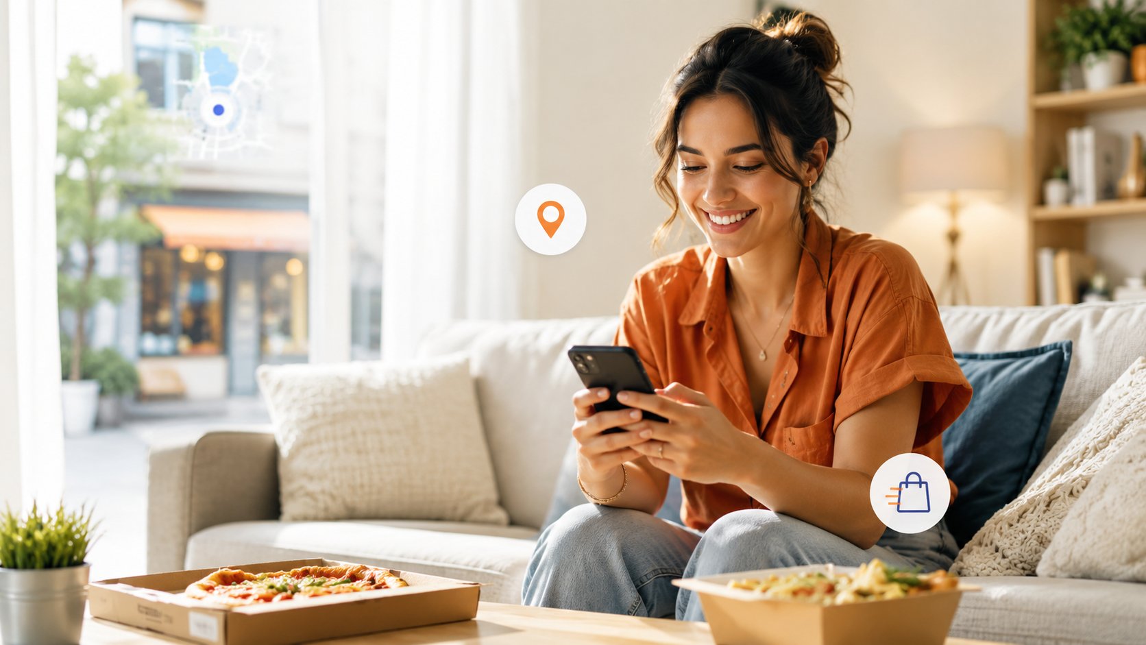 Kundin auf dem Sofa, entdeckt Restaurants in ihrer Nachbarschaft auf dem Smartphone